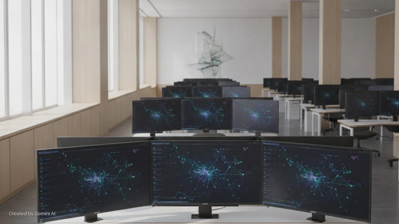 A brightly lit modern office features multiple rows of workstations, each equipped with several dark-screened computer monitors displaying abstract network visualizations, illuminated by natural light from large windows on the left and an a