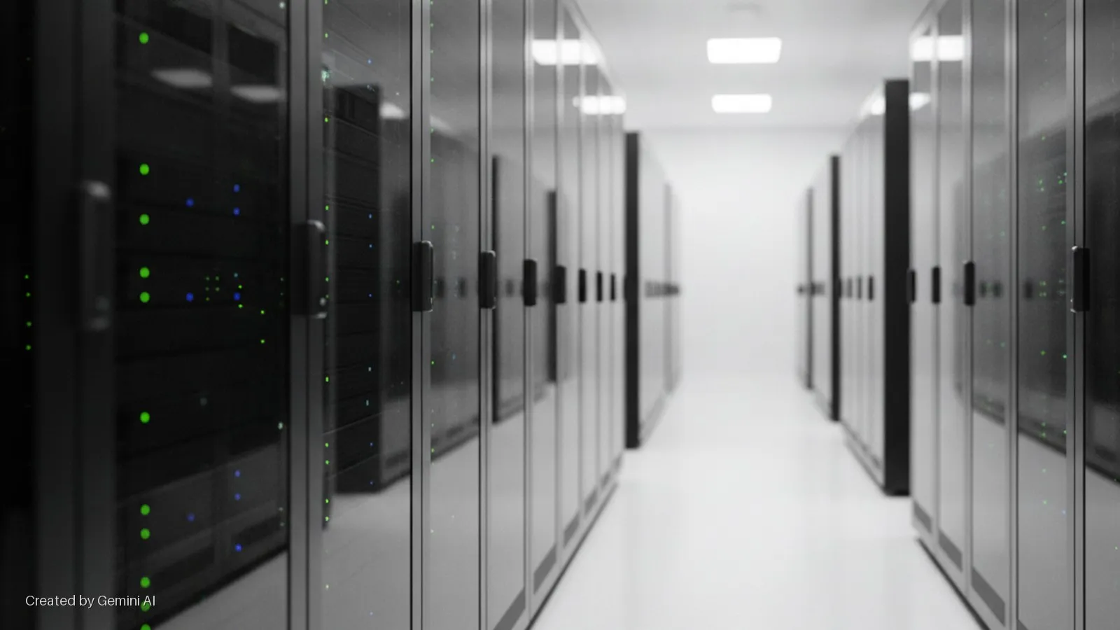 Long rows of dark server racks with reflective doors displaying green and blue indicator lights line a brightly lit white data center aisle.