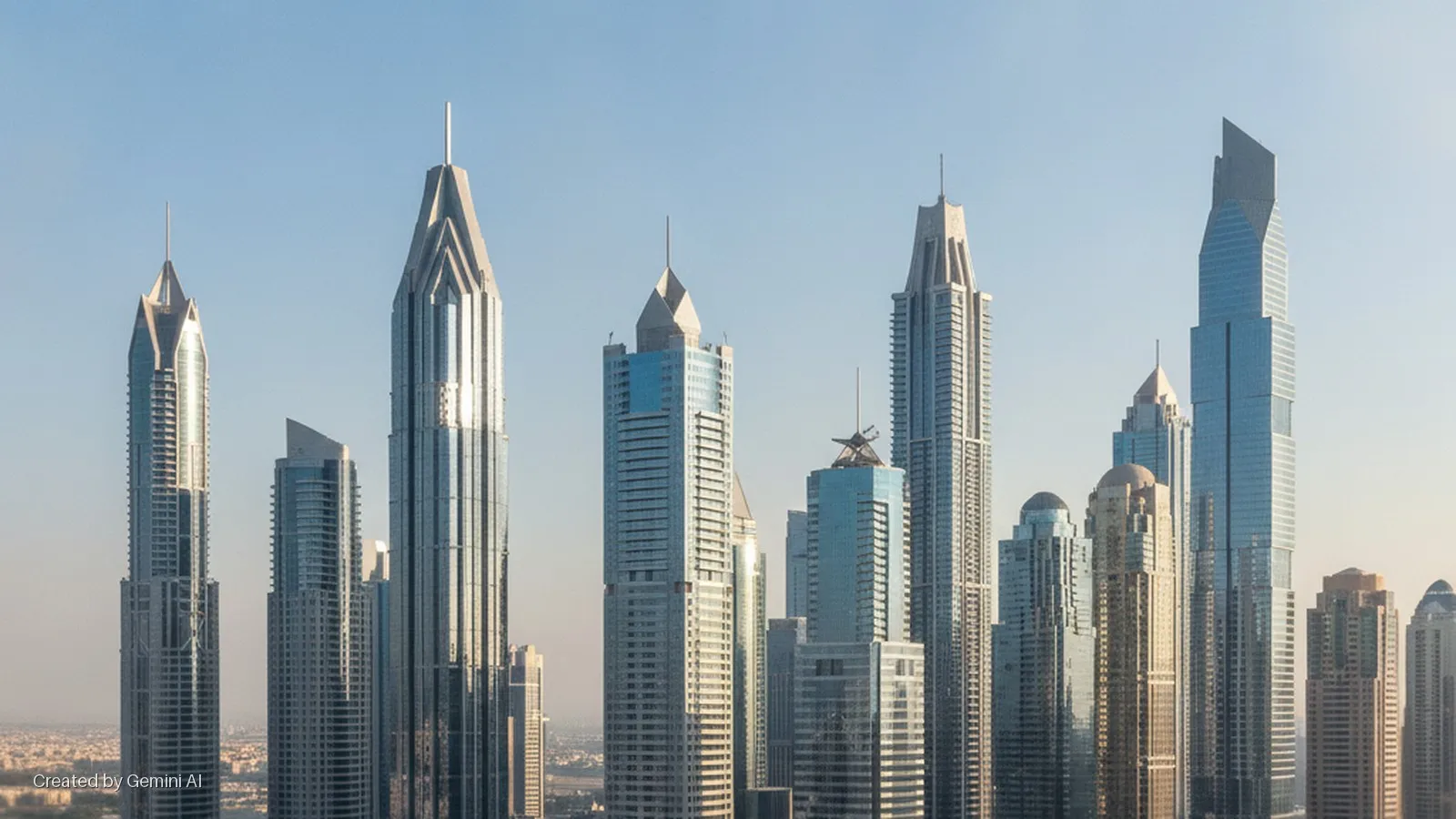 A wide view of a modern city skyline featuring numerous tall skyscrapers against a bright, clear blue sky.