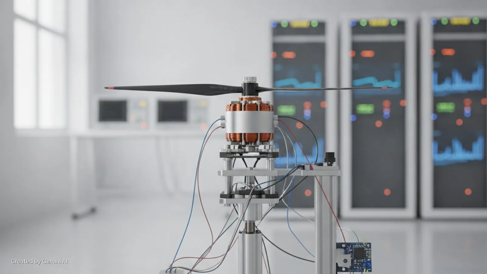 A drone propeller and exposed electric motor are mounted on a metallic testing rig with wires and a circuit board, set in a brightly lit, white laboratory with glowing data display racks in the background.