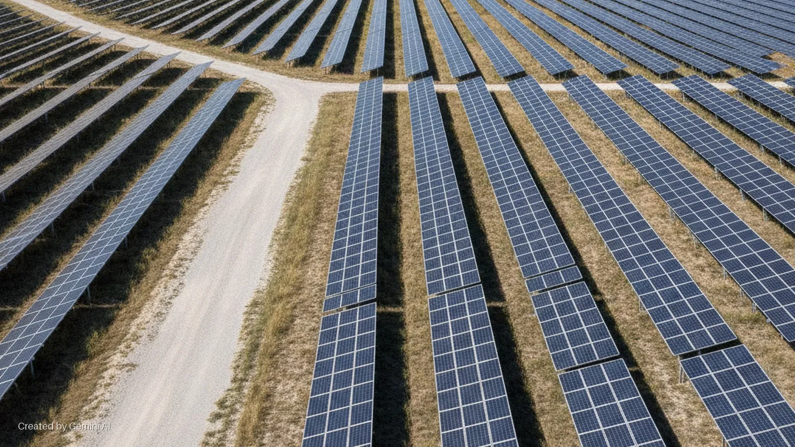 Aerial view of a large solar farm with numerous rows of blue solar panels on dry fields, separated by light gravel roads, under bright daylight.