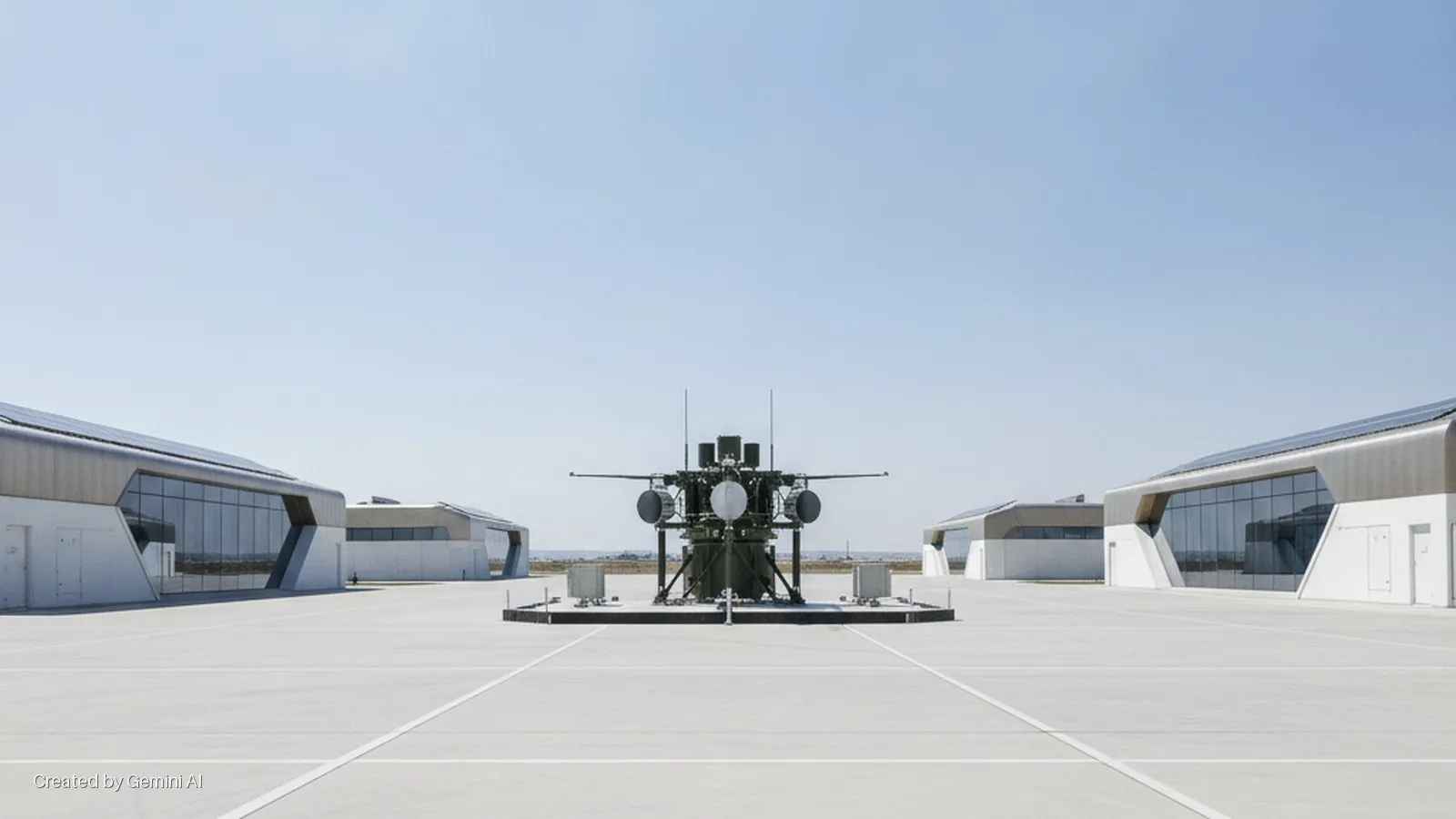 A large, complex antenna array is centrally positioned on a concrete apron, flanked by two modern buildings with angular white facades, large glass windows, and solar panels on their roofs, under bright daylight.