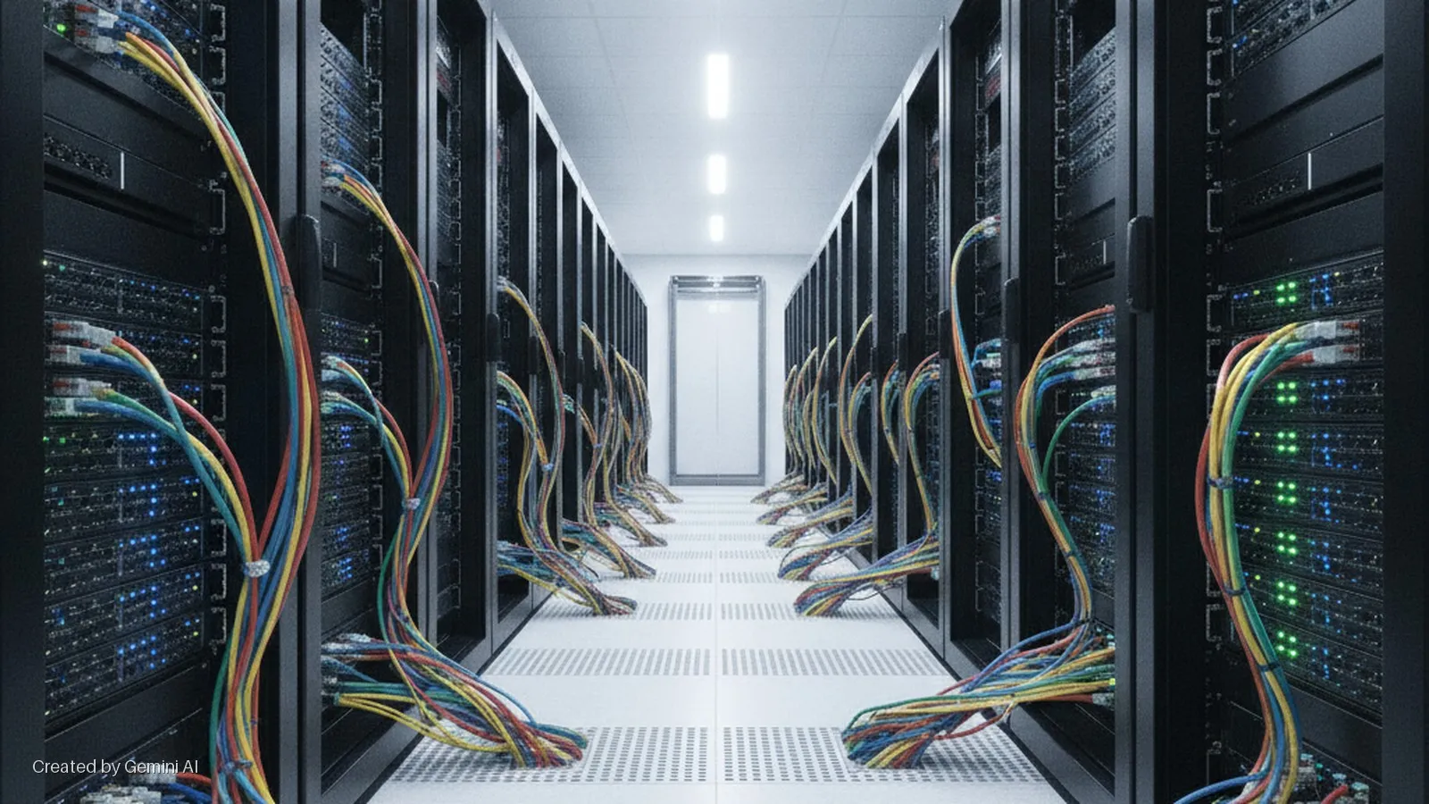 A long data center hallway is flanked by rows of dark server racks with glowing blue and green indicator lights, and numerous colorful network cables flowing from the equipment under bright overhead lighting.