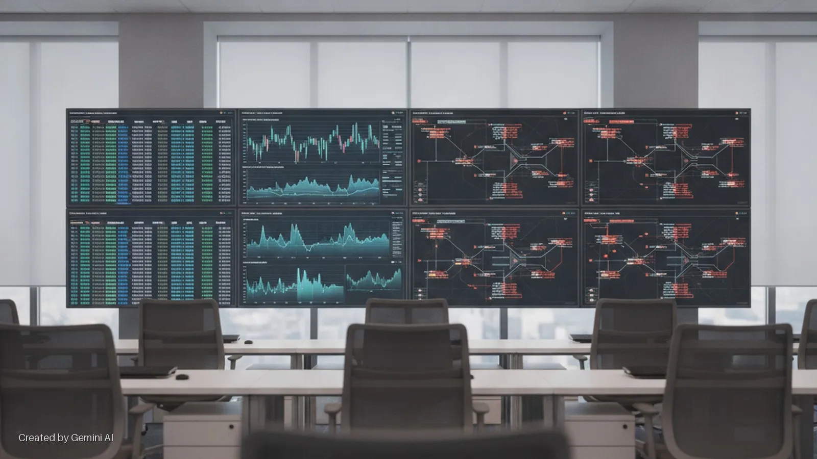 A modern control room features a large eight-screen display wall showing numeric lists, various charts, and complex network diagrams, with rows of empty office chairs and desks in the foreground, illuminated by natural light from large wind