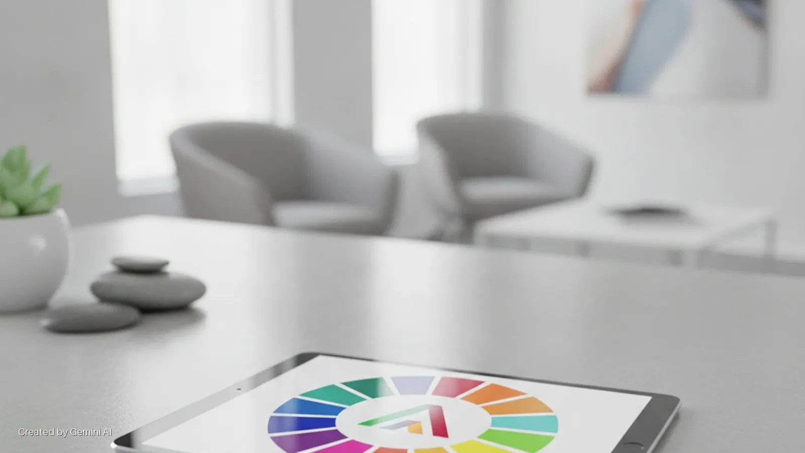 On a light gray table, a silver tablet displays a colorful color wheel with a stylized 'A' logo, beside a succulent plant in a white pot and stacked gray stones, all in a brightly lit room with blurred furniture and wall art in the backgrou