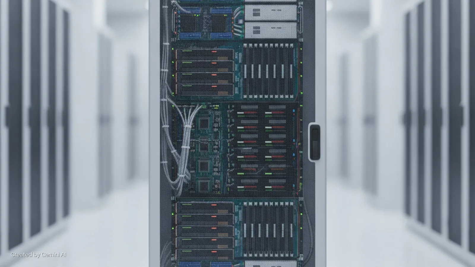 A brightly lit server room features a central server rack with visible internal components, cables, and indicator lights, flanked by rows of blurred server racks.