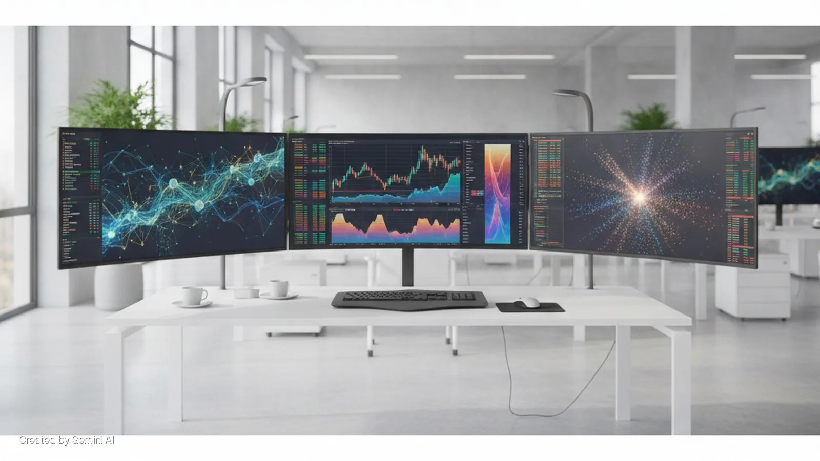 A white desk in a brightly lit modern open-plan office features three curved computer monitors displaying complex data visualizations and financial charts, along with a keyboard, mouse, and coffee cups.