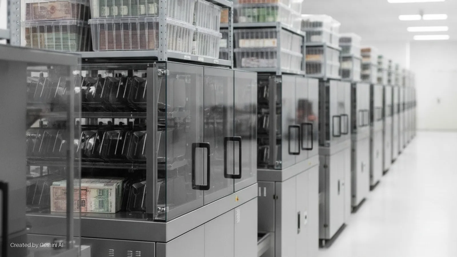 Brightly lit bank vault with a long row of grey automated storage cabinets, their clear doors displaying stacks of banknotes stored in plastic trays on metal shelves.