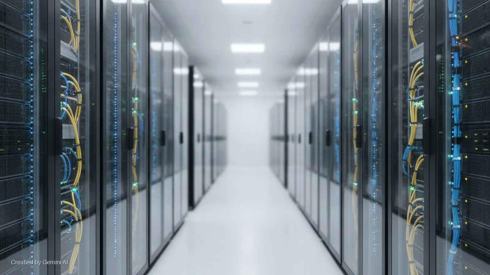 A brightly lit data center aisle lined with server racks displaying blinking blue and green lights and yellow and blue cables.