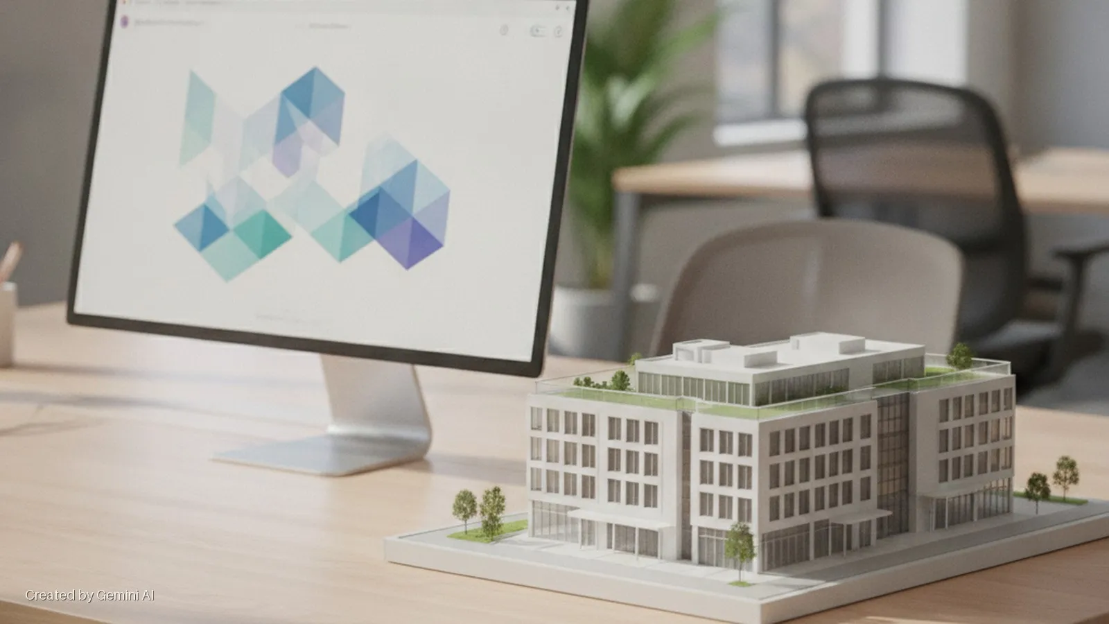 A wooden office desk holds a computer monitor displaying abstract geometric shapes and a white architectural model of a multi-story building with green roofs and trees, set against a blurred office background with soft natural lighting.