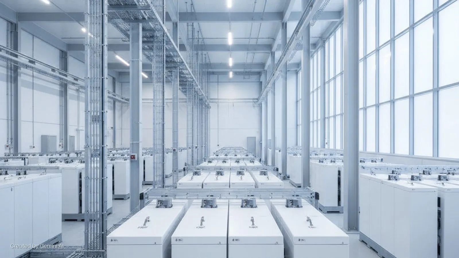 A bright, expansive industrial facility houses numerous rows of large white battery storage units, with intricate overhead metal conduits and cable trays, and tall windows along one wall.