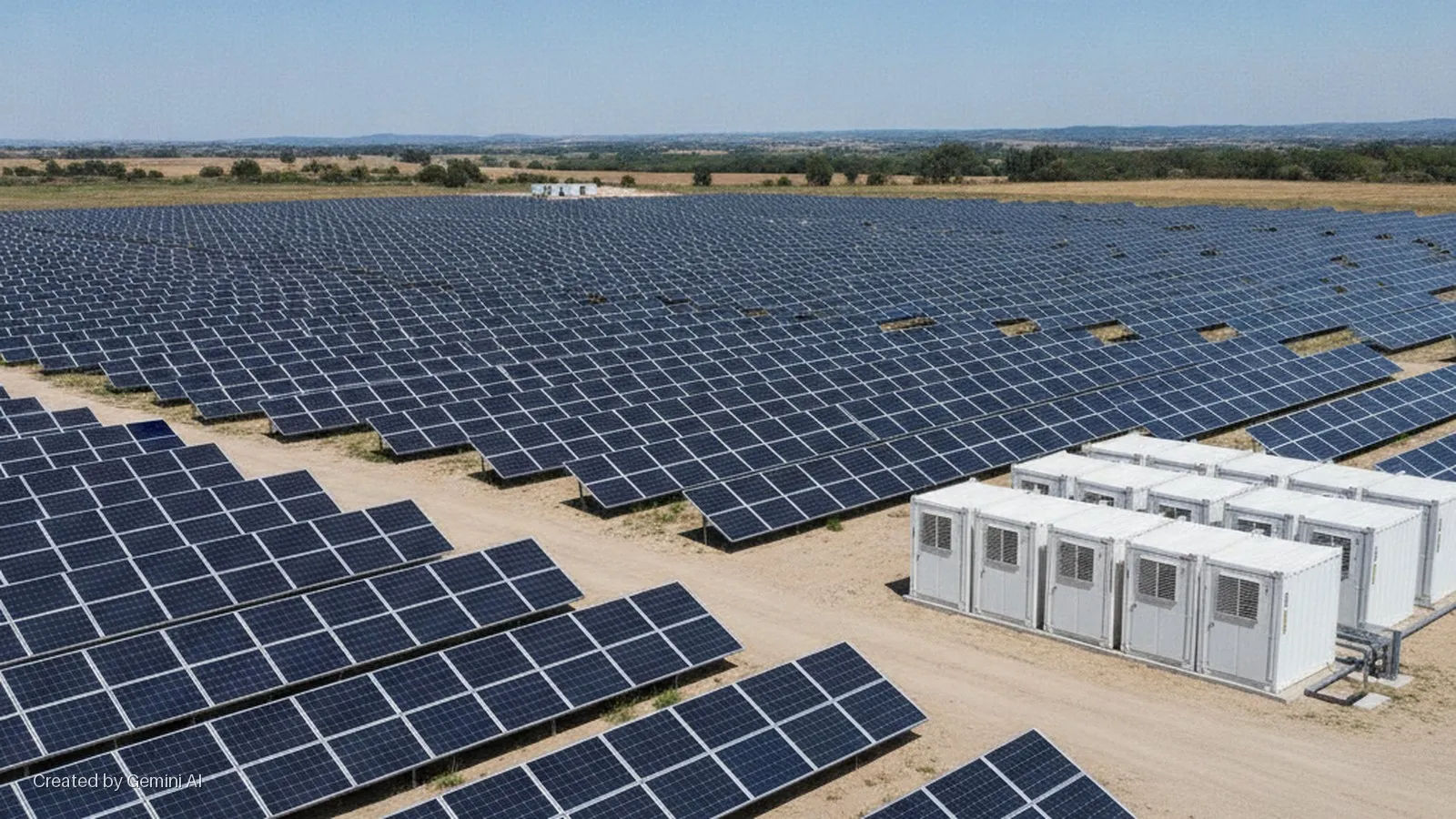 Rows of dark blue solar panels extend across a wide, sun-drenched dirt field, with a cluster of white modular battery storage units in the foreground under a clear blue sky.