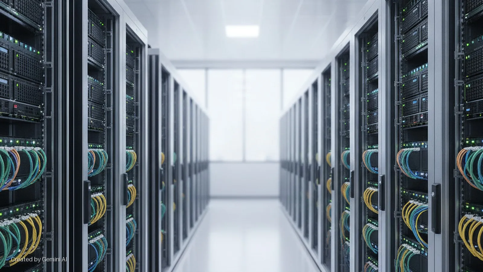 A bright, central perspective down a data center aisle with multiple server racks on both sides, showcasing various servers connected by blue, yellow, and green/orange network cables with illuminated indicator lights.