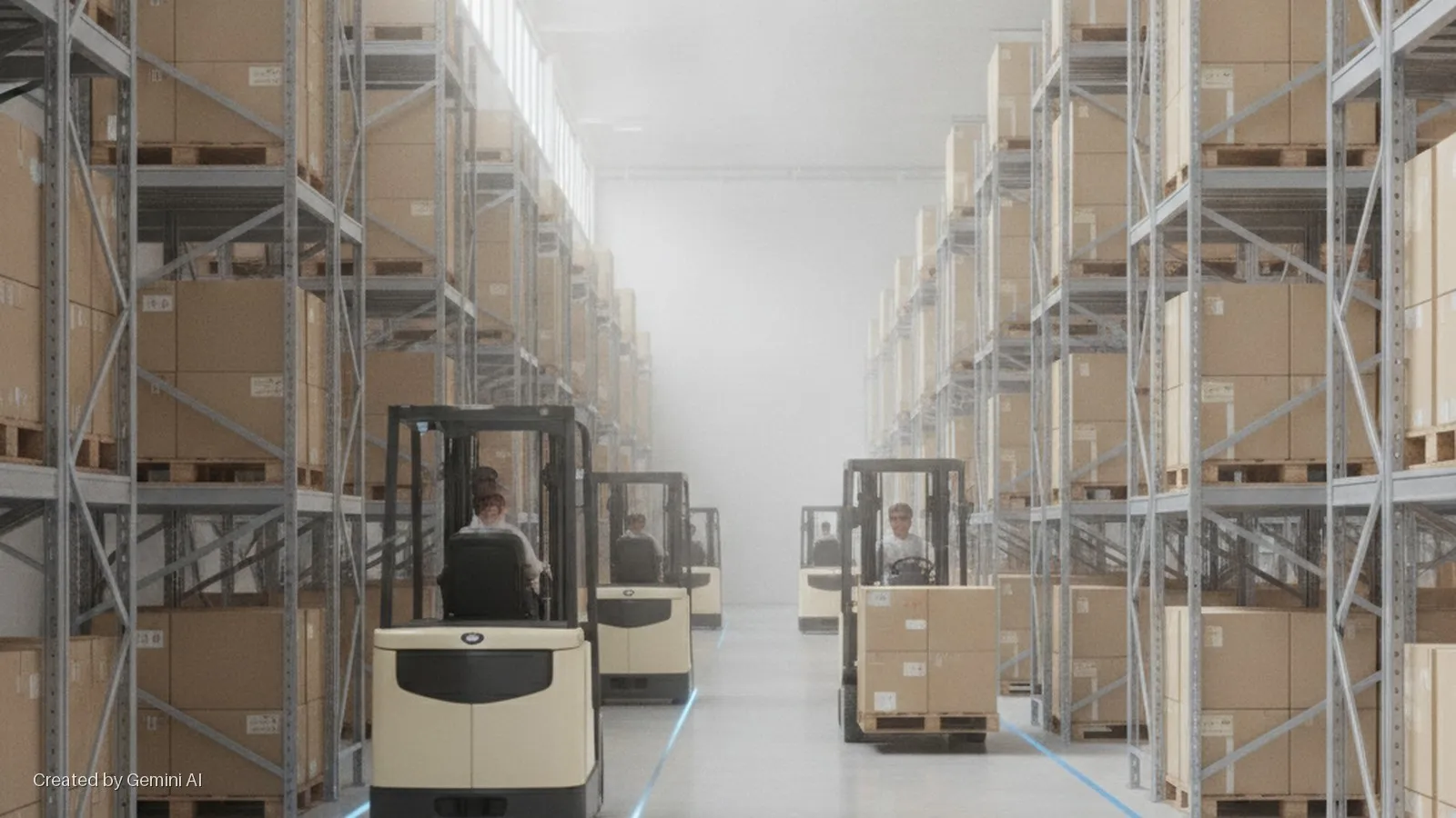 Multiple people drive forklifts in a brightly lit warehouse aisle lined with tall metal shelving stacked with cardboard boxes on pallets, fading into a hazy background.