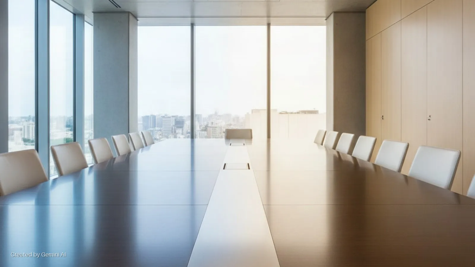 A bright, modern conference room features a long, polished conference table, numerous light beige chairs, and floor-to-ceiling windows offering a city skyline view, alongside a light wood-paneled wall.