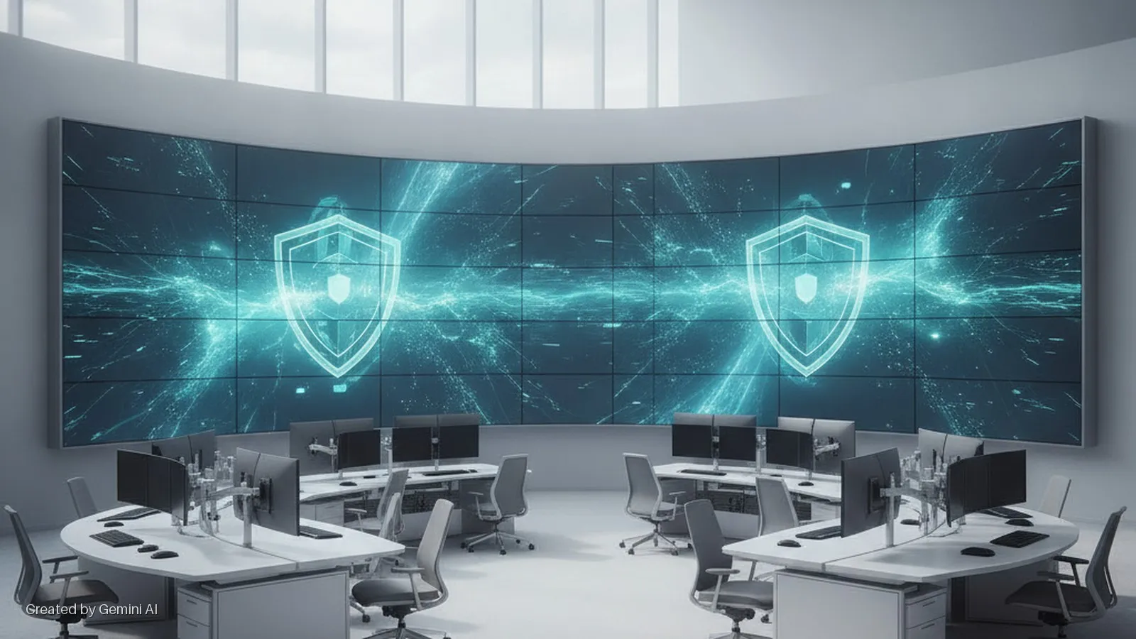 A brightly lit, modern control room features a large curved video wall displaying glowing blue-green security shield icons and abstract network patterns above multiple white computer workstations and grey office chairs.