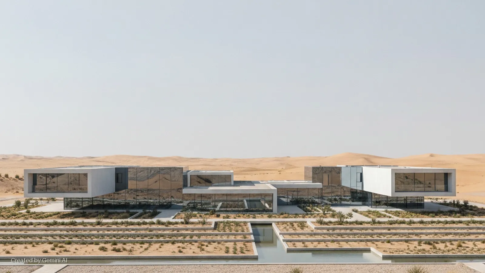 A modern building with reflective glass walls and white concrete elements stands in a desert landscape with sand dunes, surrounded by a terraced garden and water features under bright daylight.