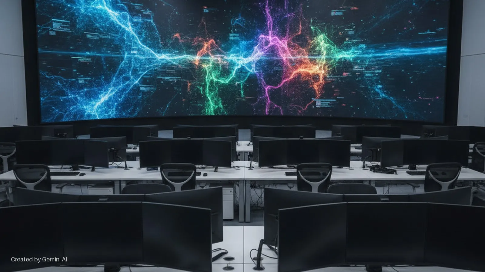A dimly lit control room features rows of desks with multiple computer monitors and chairs, facing a large, curved screen displaying colorful abstract data visualizations.