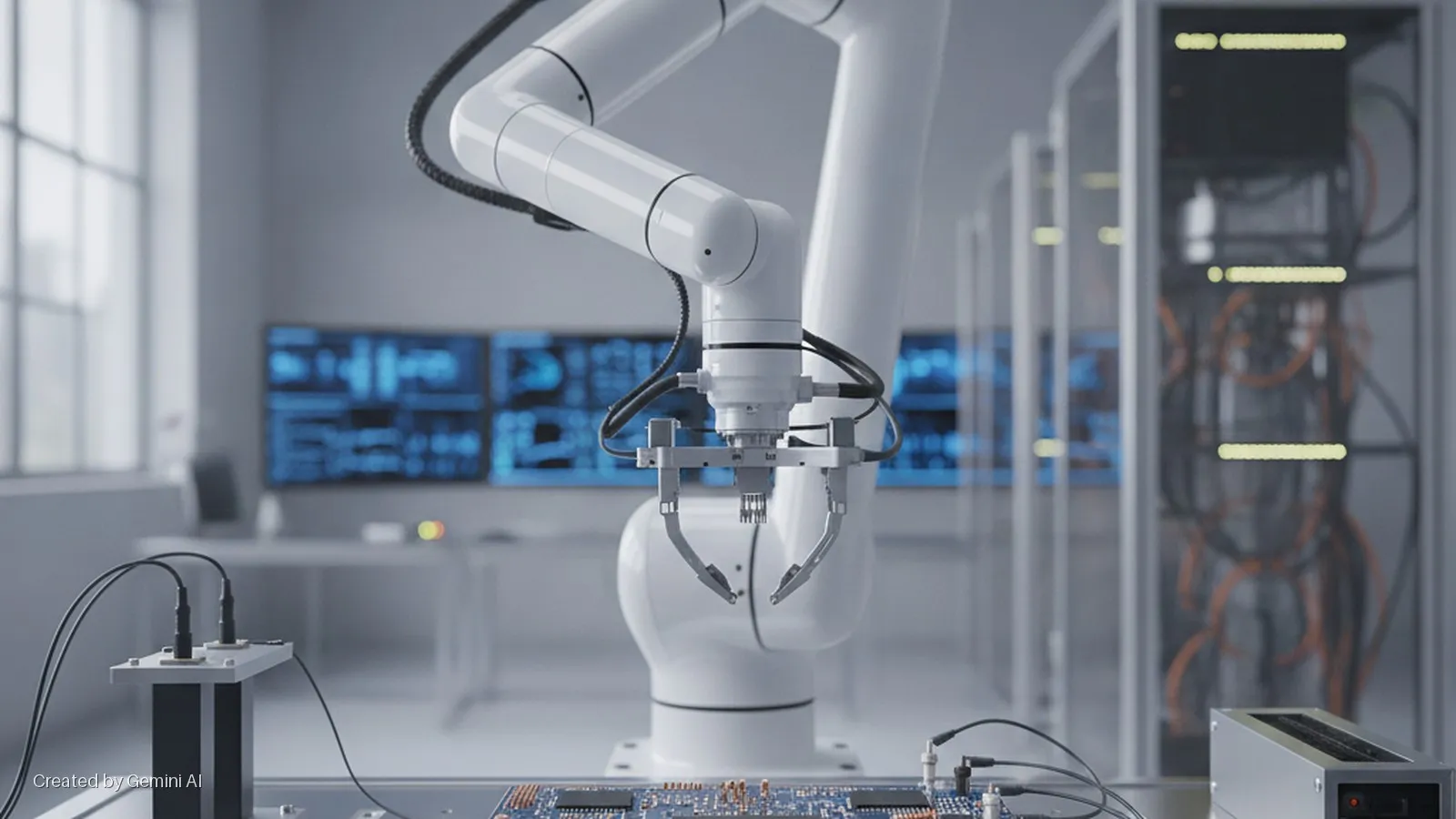 A white robotic arm with a gripper tool is positioned over a blue circuit board on a workbench in a brightly lit modern laboratory, featuring blue data displays and server racks in the background.