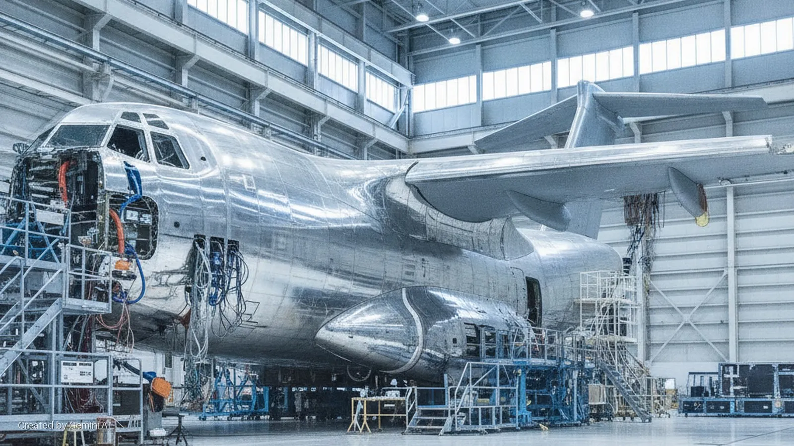 A large, reflective aircraft with exposed wiring and open panels is under construction inside a brightly lit hangar, surrounded by scaffolding and equipment.