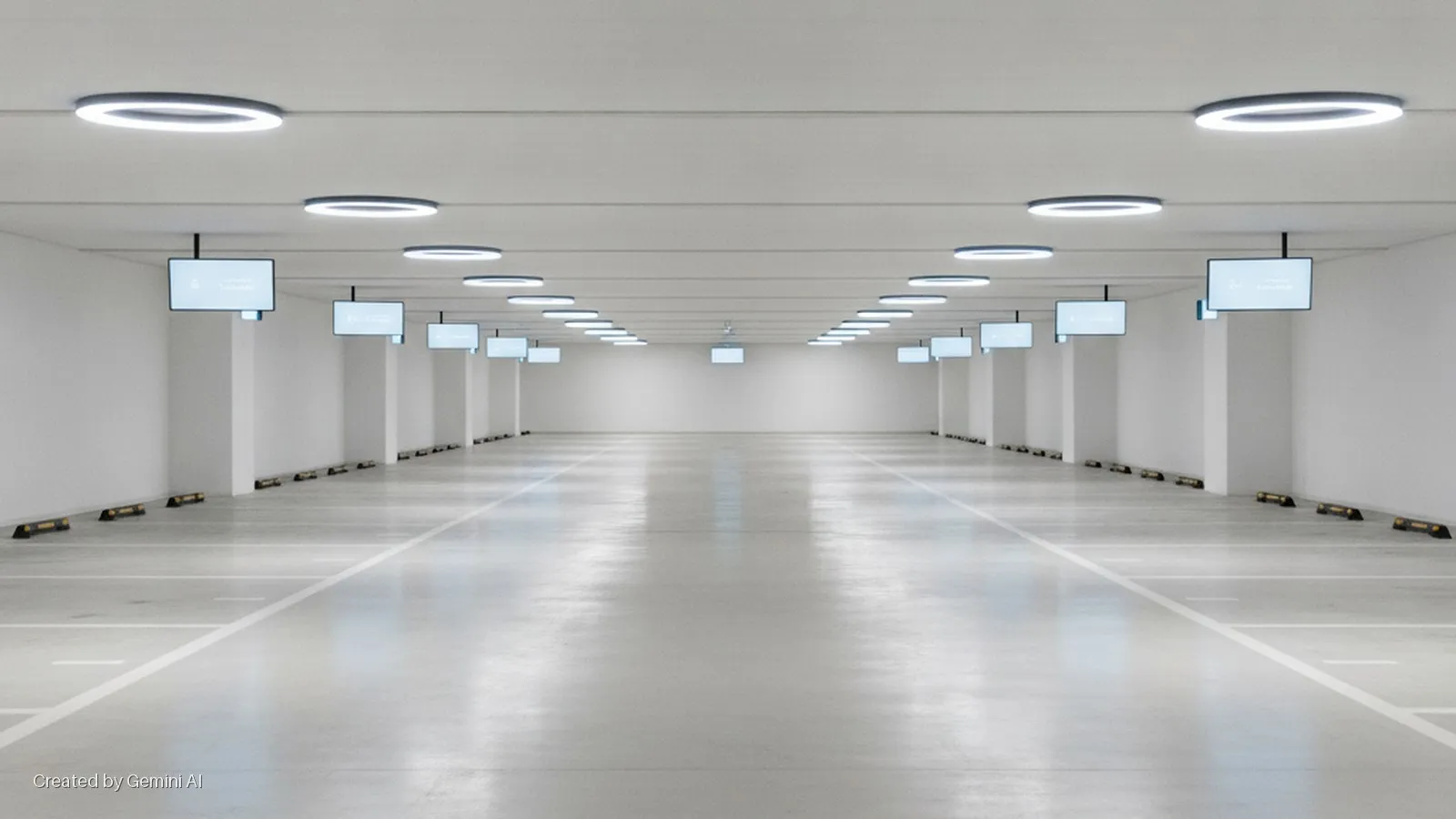 An empty, modern parking garage with a polished concrete floor, white parking lines, rows of white pillars featuring mounted digital screens, numerous circular overhead lights, and black and yellow wheel stops.