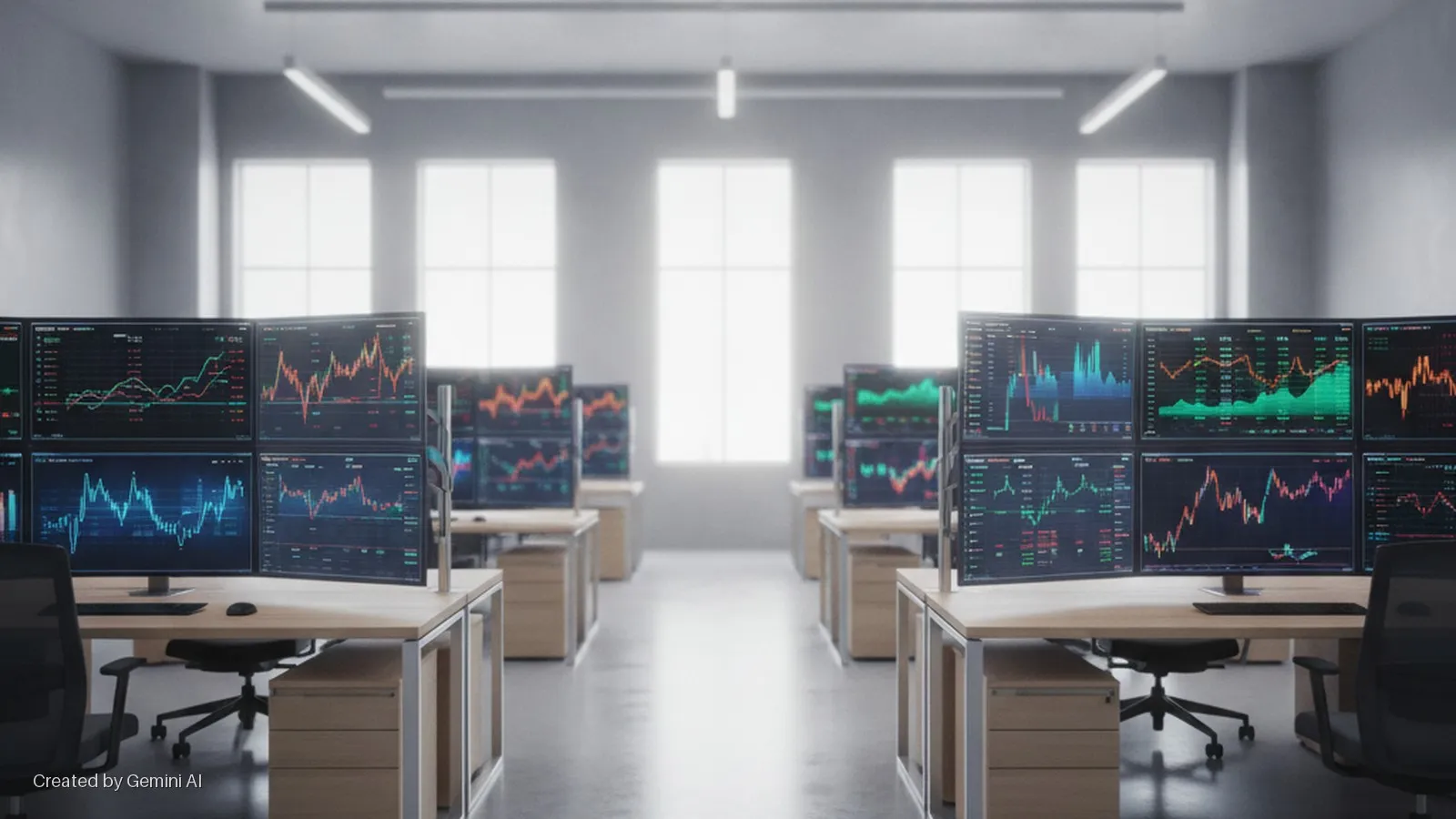 An empty, modern trading office features rows of black office chairs at light wooden desks, each equipped with multiple monitors displaying colorful financial charts, brightly lit by large windows and overhead fluorescent lights.