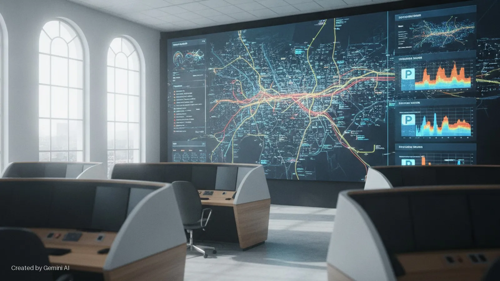 A bright control room features rows of modern workstations facing a large wall-mounted screen displaying a city map with highlighted routes and various data charts, illuminated by natural light from tall arched windows.