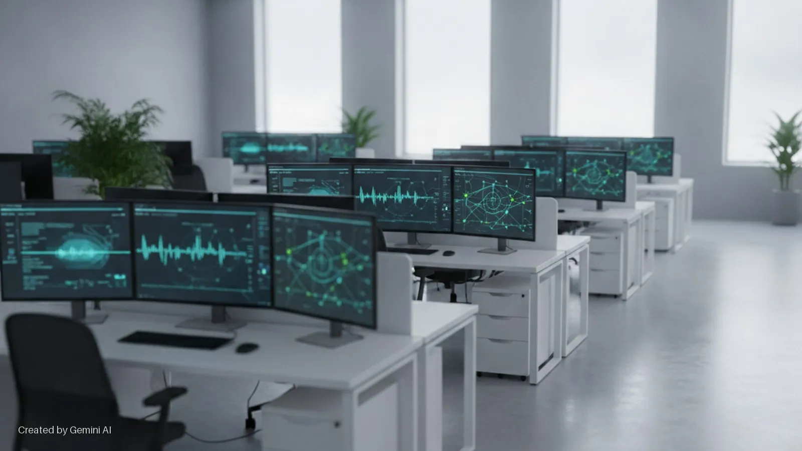 A bright, modern office features rows of white desks with multiple computer monitors displaying glowing blue-green data, black office chairs, and potted plants, all illuminated by natural light from large windows.