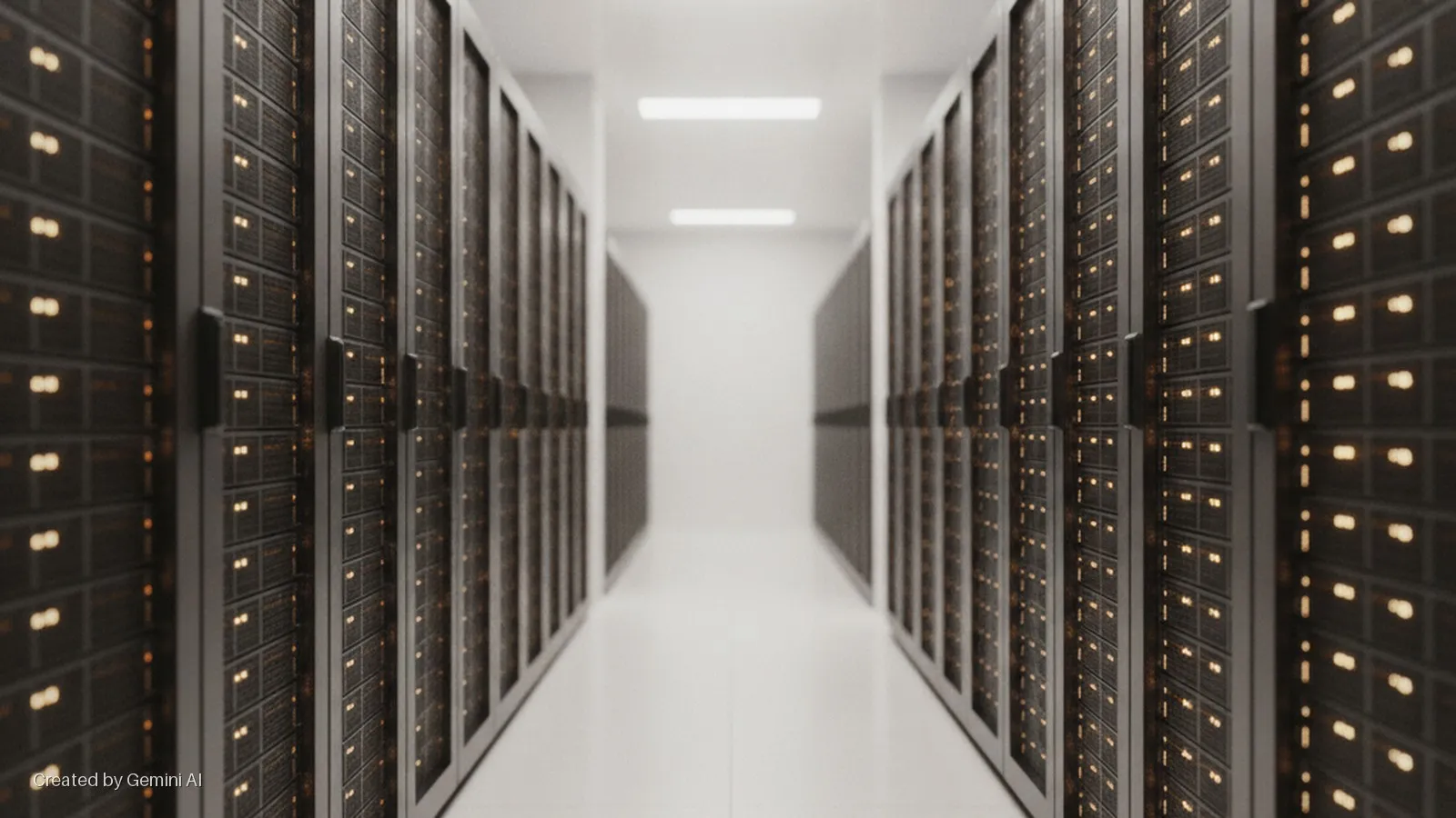 A long corridor in a data center lined with server racks displaying numerous glowing orange lights, illuminated by bright white ceiling lights in the distance.