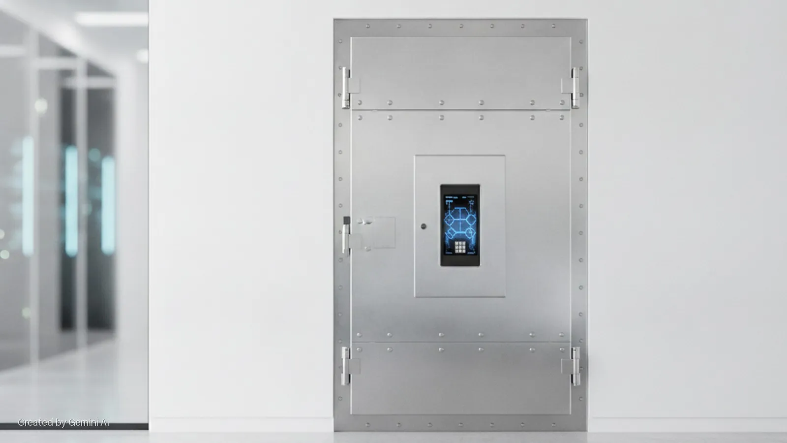 A heavily riveted silver door with a central blue-glowing digital interface and keypad stands in a bright, clean hallway next to a blurred glass-walled office space.