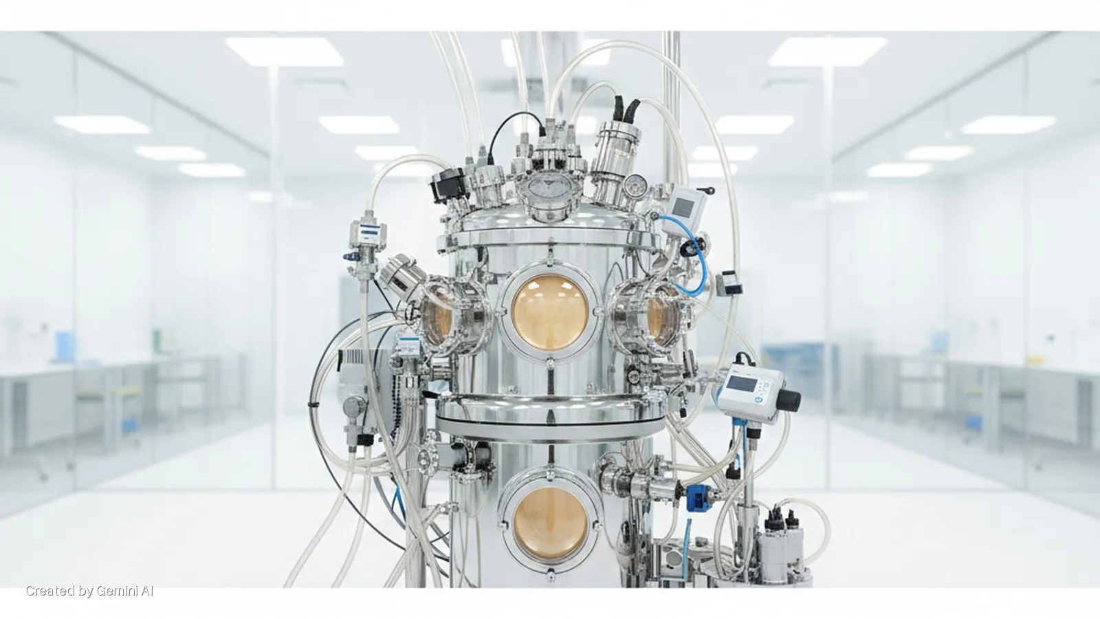 A large, multi-chambered stainless steel scientific apparatus with numerous tubes, gauges, and circular viewing windows stands prominently in a brightly lit, pristine laboratory with white walls and glass partitions.