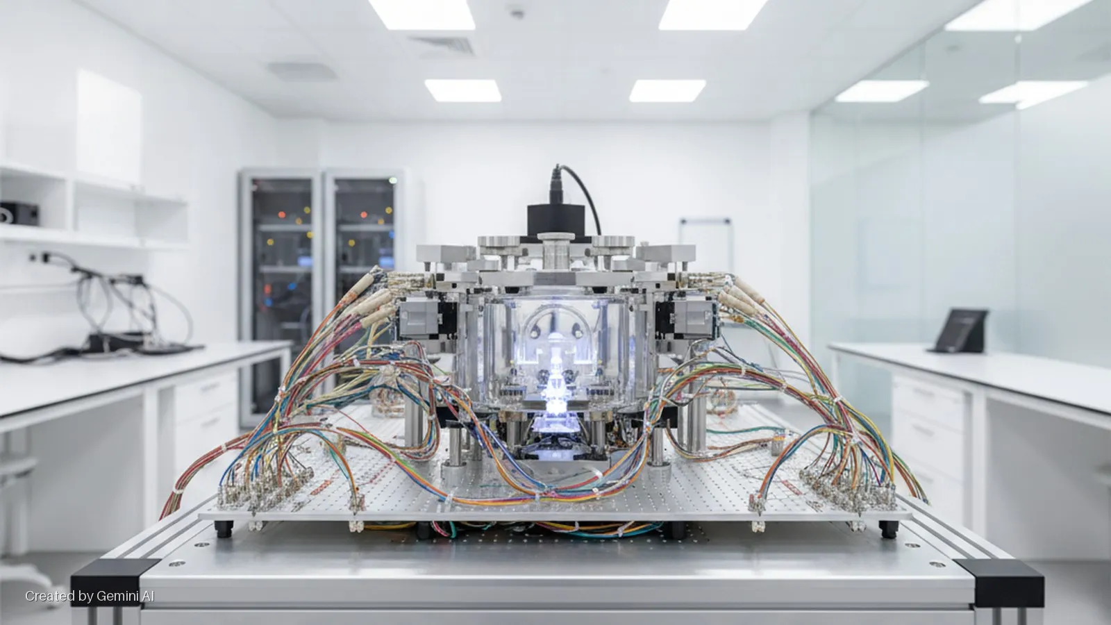 A brightly illuminated scientific apparatus featuring a central glowing transparent enclosure, numerous colorful wires, and metal framework rests on a lab bench in a white cleanroom containing server racks.