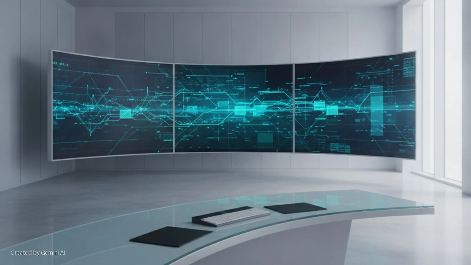 A modern control room contains a curved glass-top desk with a keyboard, facing a large, three-panel curved display showing bright blue data visualizations, illuminated by bright, diffused ambient light.