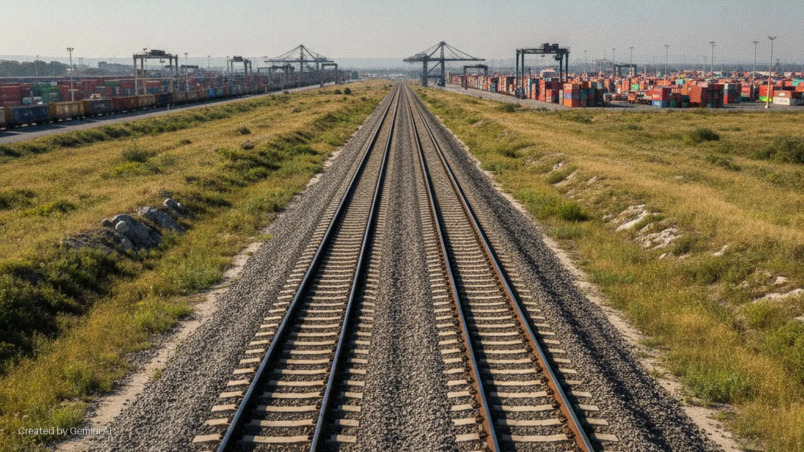 Parallel railway tracks on a gravel bed extend through a dry grassy landscape, flanked by a train of freight cars on the left and stacked shipping containers with gantry cranes on the right, under a clear, bright sky.
