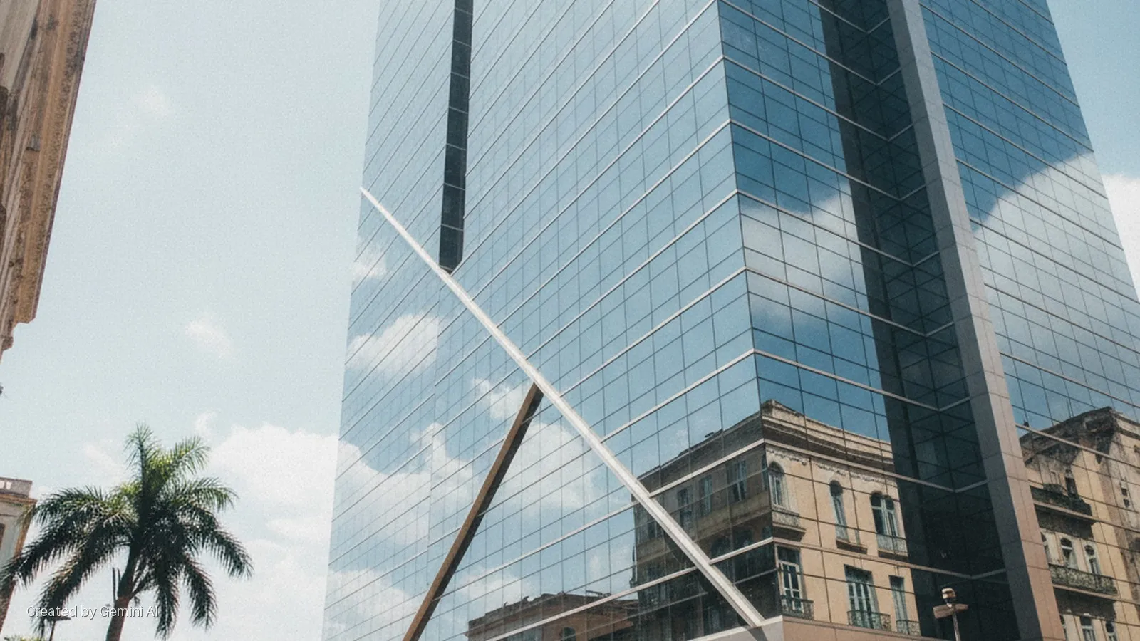 A sunny daytime view of a modern glass skyscraper reflecting an ornate historic building and a blue sky with clouds, alongside a palm tree on the left.