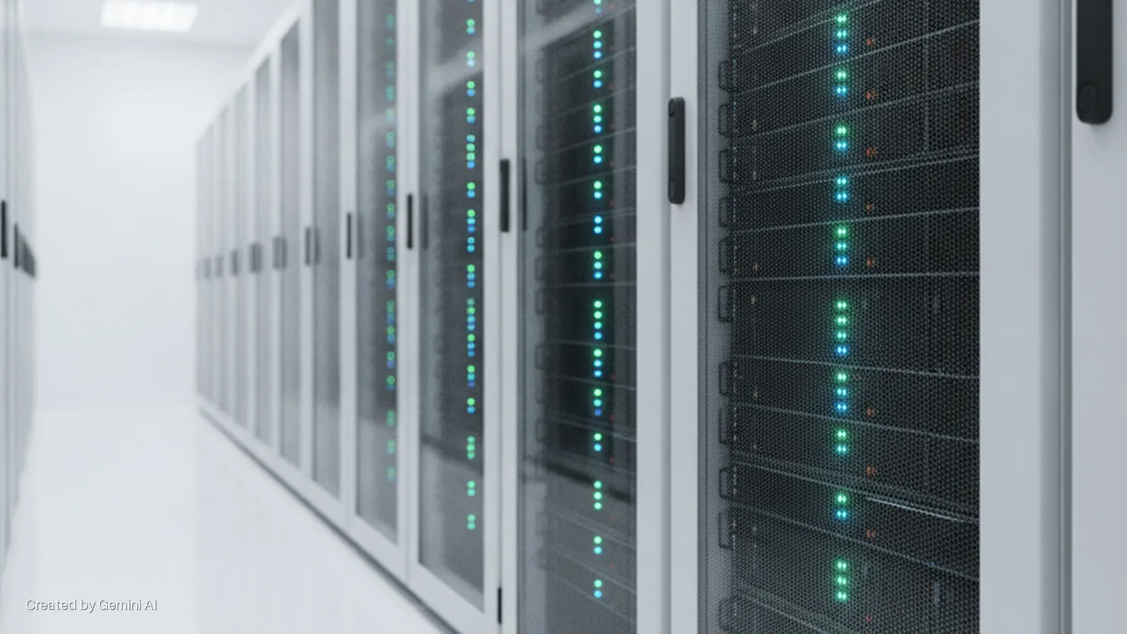 A bright data center aisle is lined with rows of server racks, featuring glowing green and blue indicator lights visible on servers behind perforated doors.