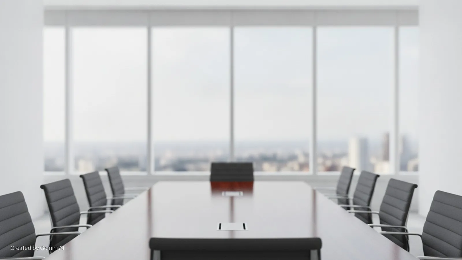 A brightly lit conference room features a long wooden table surrounded by gray office chairs, with a blurred cityscape visible through large windows in the background.