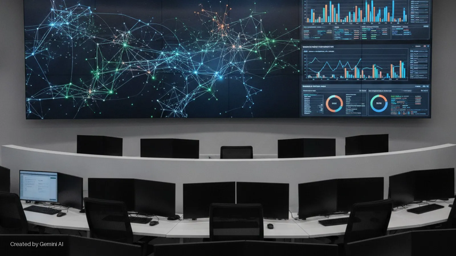 A brightly lit control room features a large multi-screen video wall displaying a glowing network graph and various data dashboards, situated above curved white desks with numerous computer workstations and office chairs.