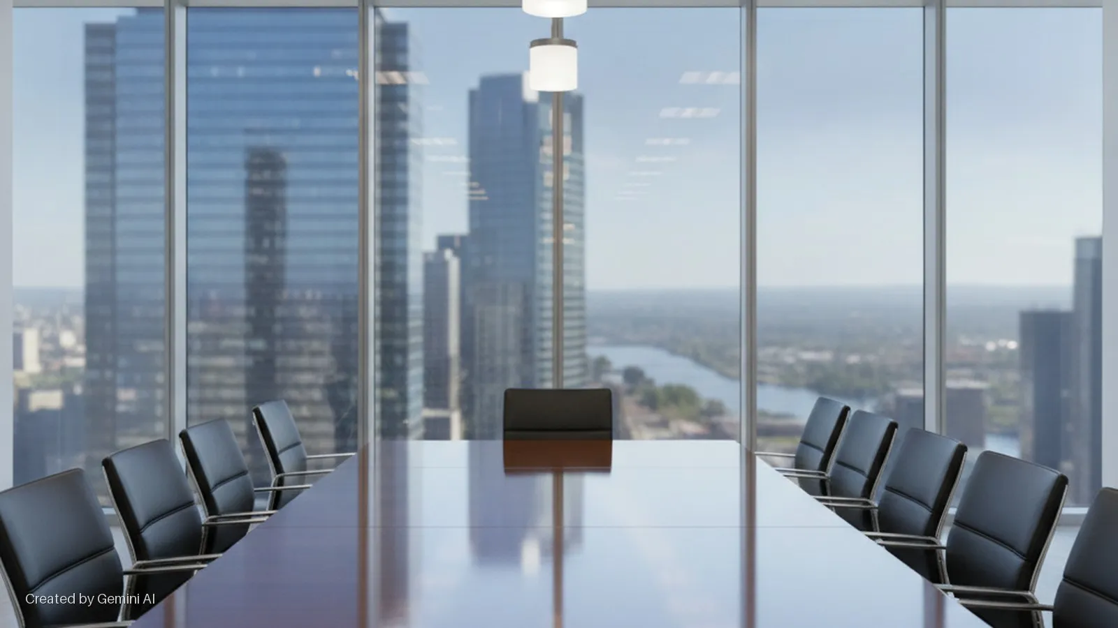 A modern conference room features a long, reflective wooden table, black leather chairs, and overhead pendant lights, brightly illuminated by daylight from floor-to-ceiling windows showcasing a city skyline with skyscrapers and a distant ri