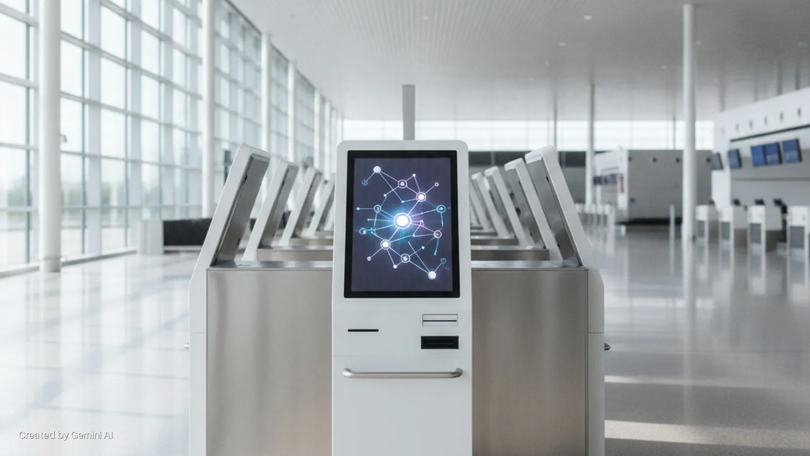 A brightly lit, empty airport terminal features a central white self-service kiosk displaying an abstract network graphic on its screen, flanked by rows of other kiosks and large windows.