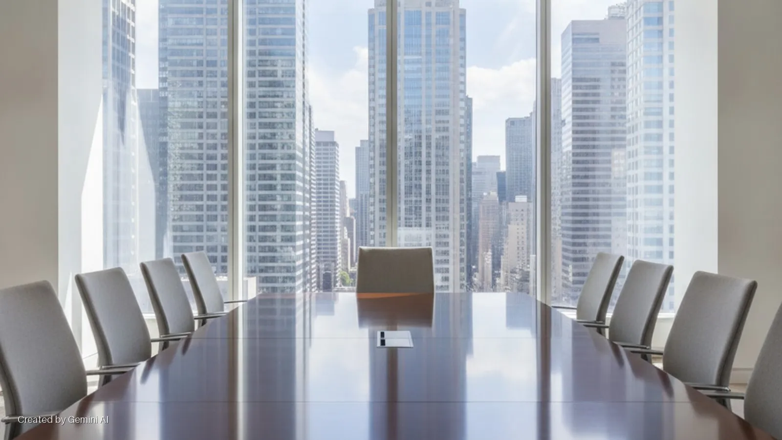 A bright modern conference room features a long, polished wooden table surrounded by grey chairs, with large windows overlooking a dense cityscape of tall skyscrapers under natural daylight.