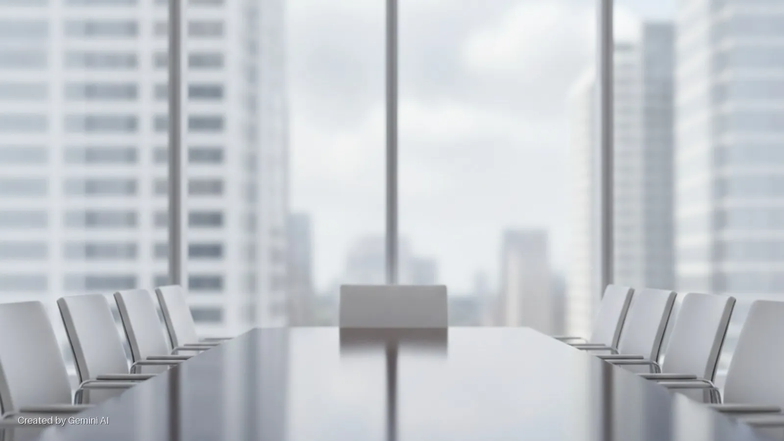 An empty conference room features a long reflective table and rows of white chairs, illuminated by bright natural light filtering through large windows that overlook blurred city buildings.