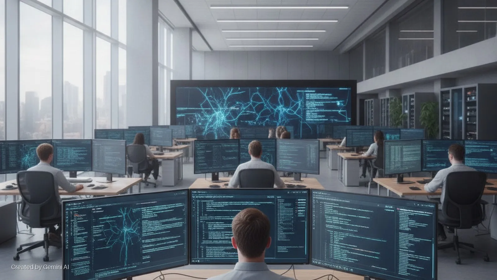 A brightly lit modern open-plan office features individuals working at multi-monitor computer workstations displaying code and network diagrams, a large central display screen, server racks, and expansive windows revealing a city skyline.