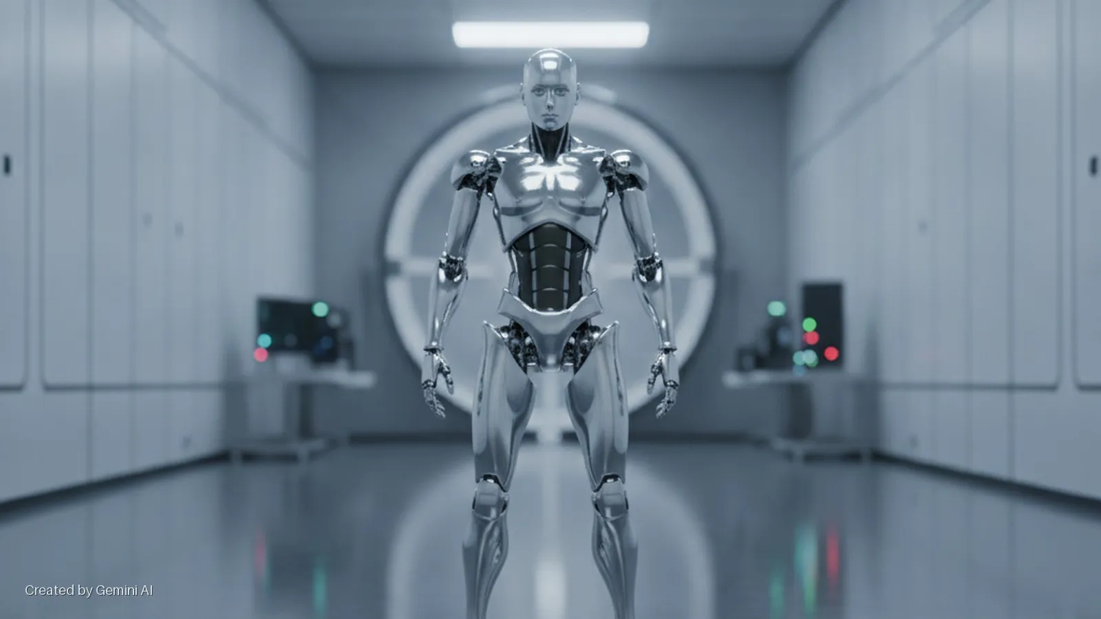 A chrome humanoid robot stands in the center of a brightly lit, sterile white room with paneled walls, a large circular portal, and blurred control panels featuring red and green lights.