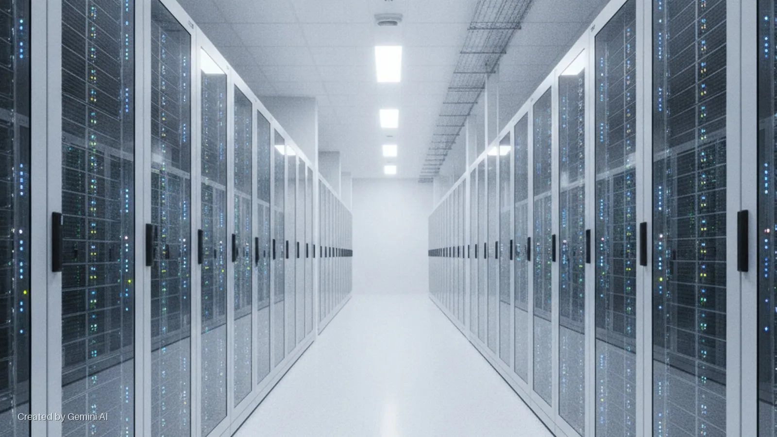 A bright, sterile data center corridor extends into the distance, flanked by rows of server cabinets with glass doors revealing numerous blinking status lights under bright fluorescent ceiling panels and exposed cable trays.