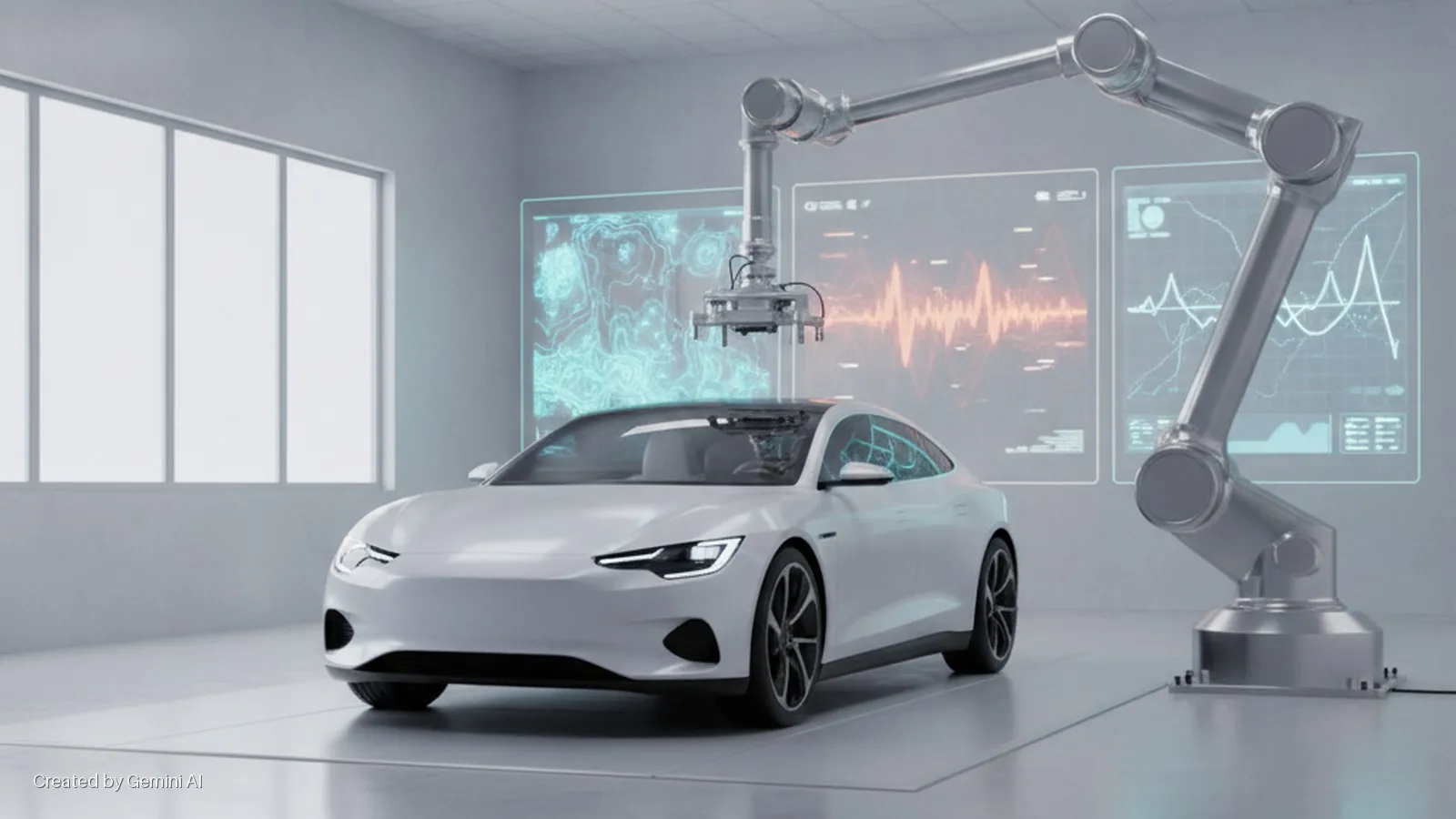 A white car is being scanned by a robotic arm in a bright, modern workshop featuring large windows and digital data screens.