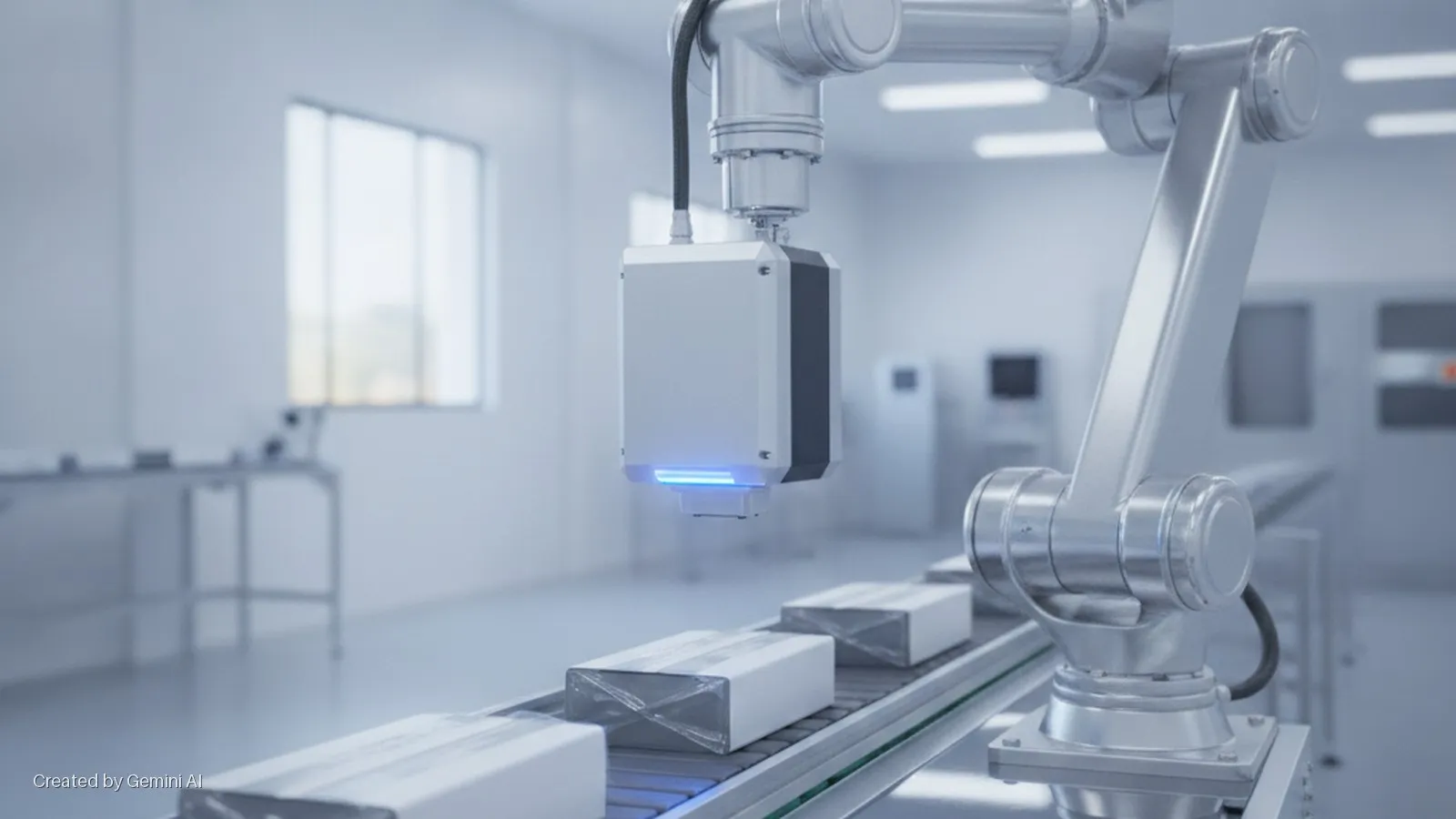 A robotic arm with a blue-emitting vision sensor inspects rectangular white packages on a conveyor belt in a brightly lit, sterile industrial facility.