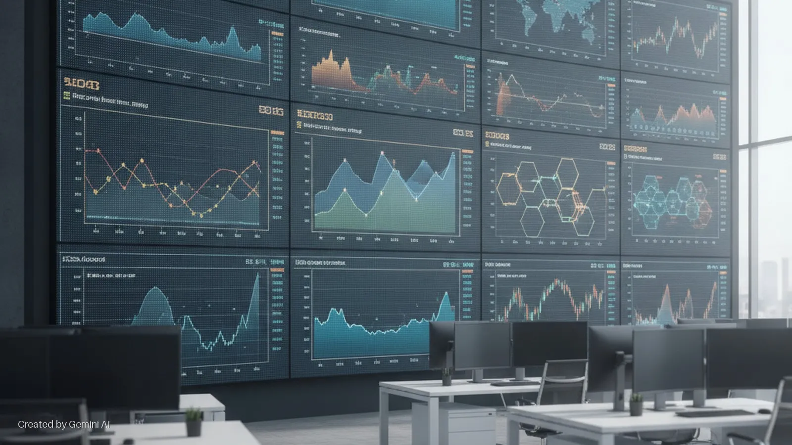 A modern office features a large multi-screen video wall displaying various data visualizations and charts, with several white desks, black computer monitors, and chairs, brightly lit by natural light from large windows overlooking a city s