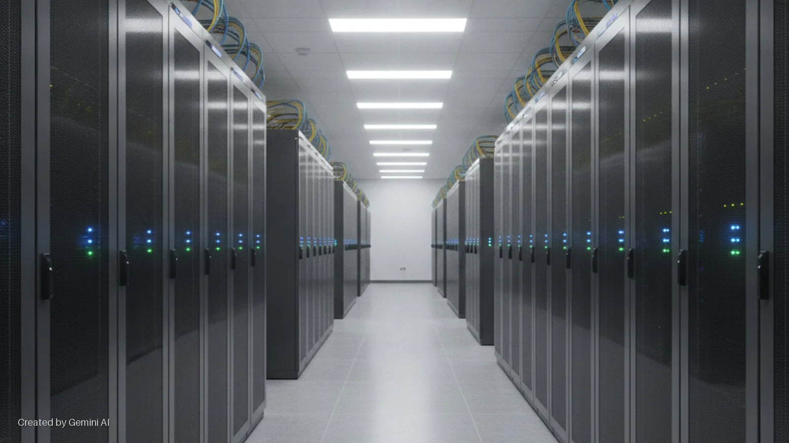 A bright data center aisle is flanked by two long rows of grey server racks displaying blue and green indicator lights and topped with coiled yellow and blue cables, under rectangular overhead panel lights.