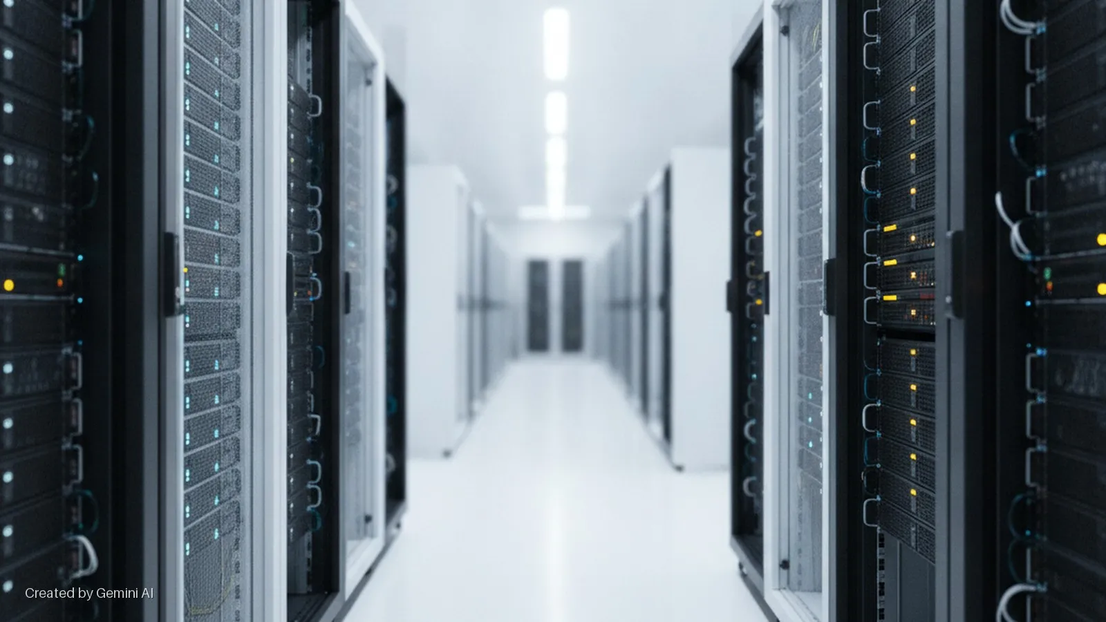 A long, brightly lit data center hallway is lined with black server racks displaying glowing indicator lights.